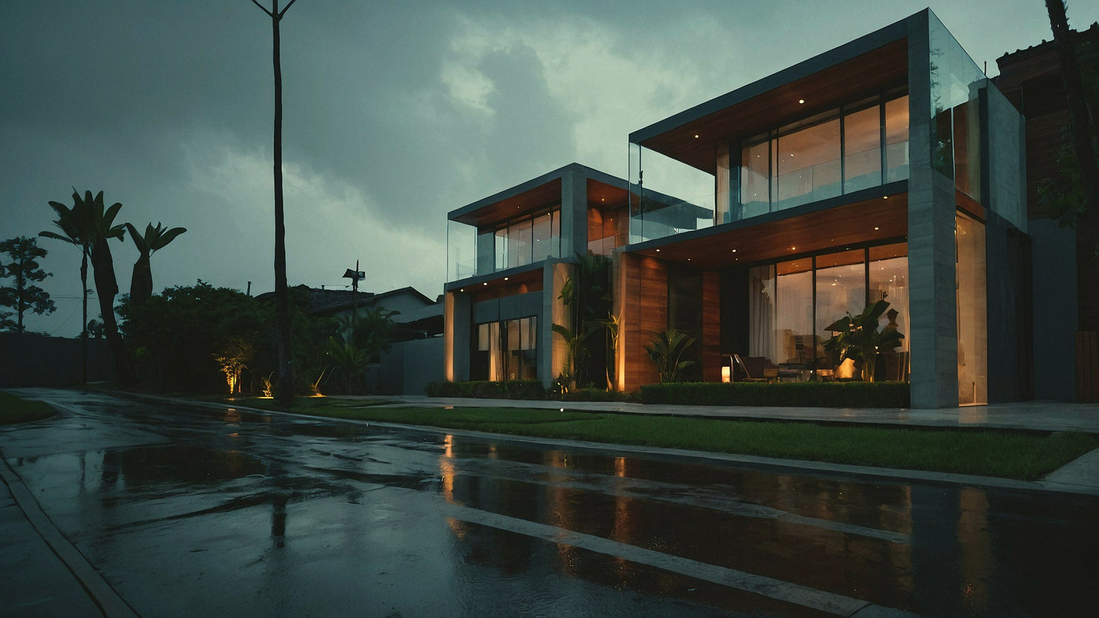 Modern villa exterior at dusk with warm interior glow