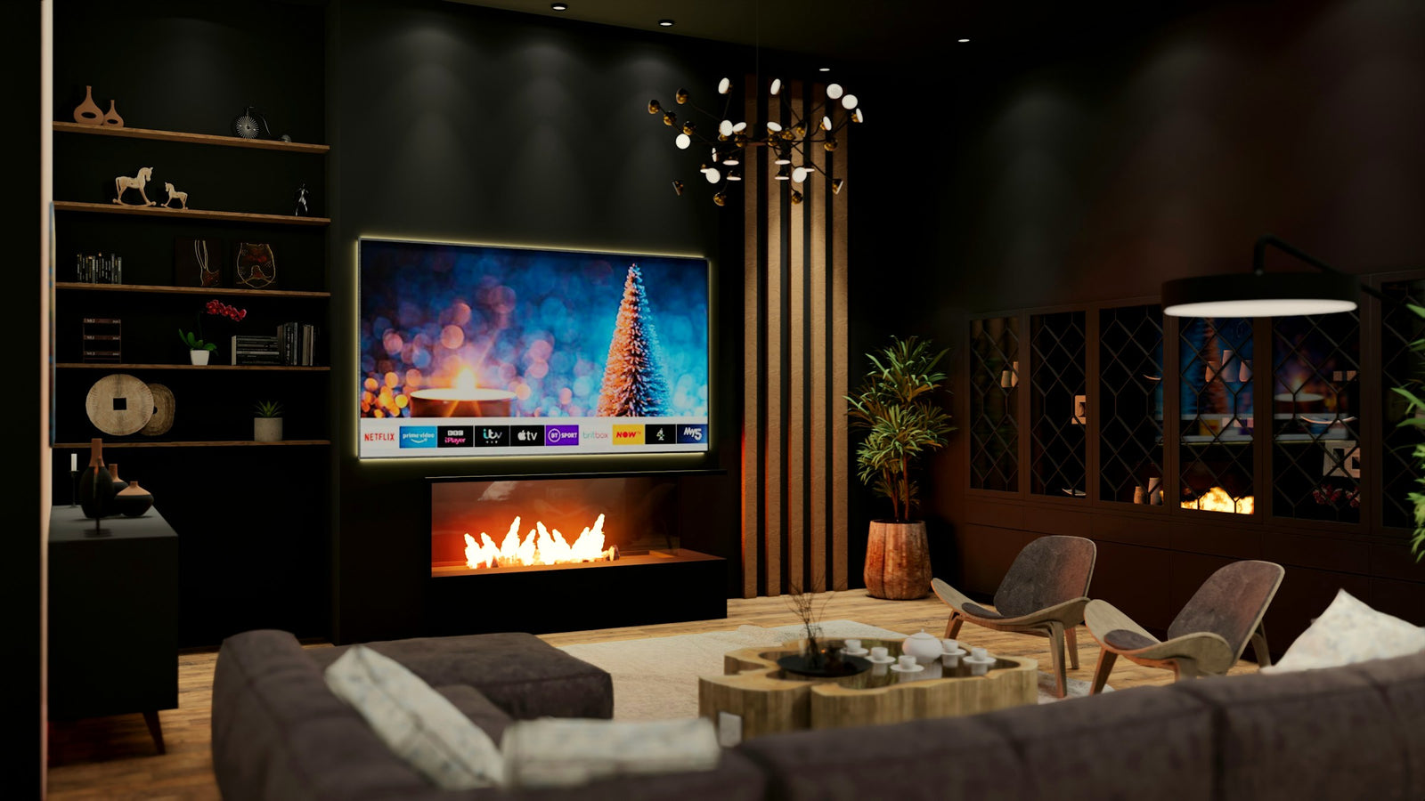 Moody home lounge with smart entertainment center and fireplace