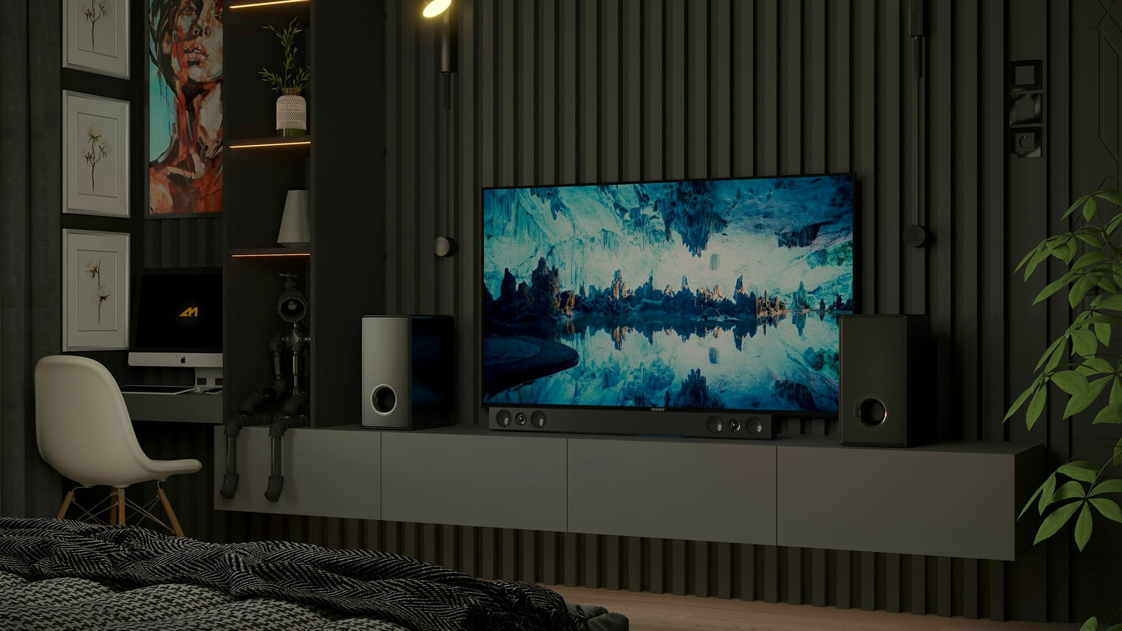 Modern bedroom with integrated sound and entertainment system