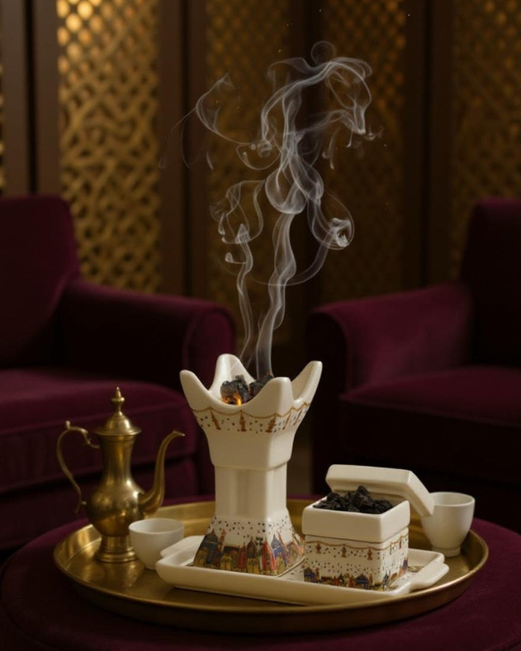ZYVORA Mabkhara — at home in the maghrib hour. Mashrabiya screen, plum velvet, brass tray, smoke threading through the room.