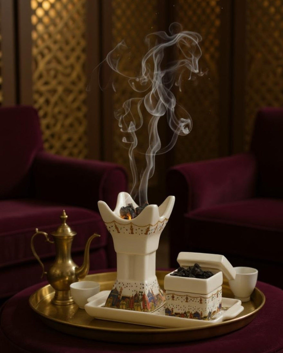 ZYVORA Mabkhara — at home in the maghrib hour. Mashrabiya screen, plum velvet, brass tray, smoke threading through the room.